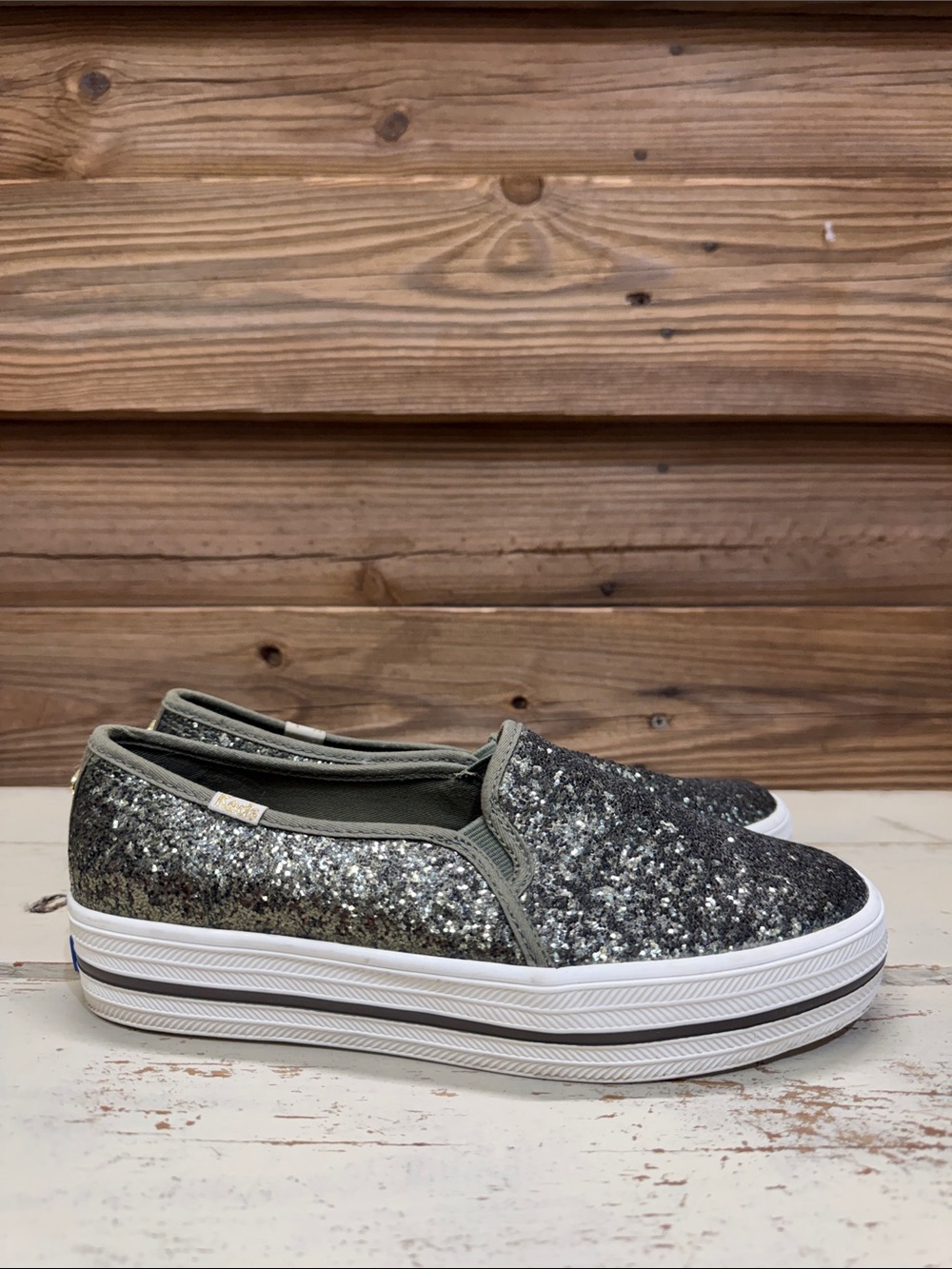 Kate Spade x Keds Olive Glitter Slip-On Platform Sneakers
